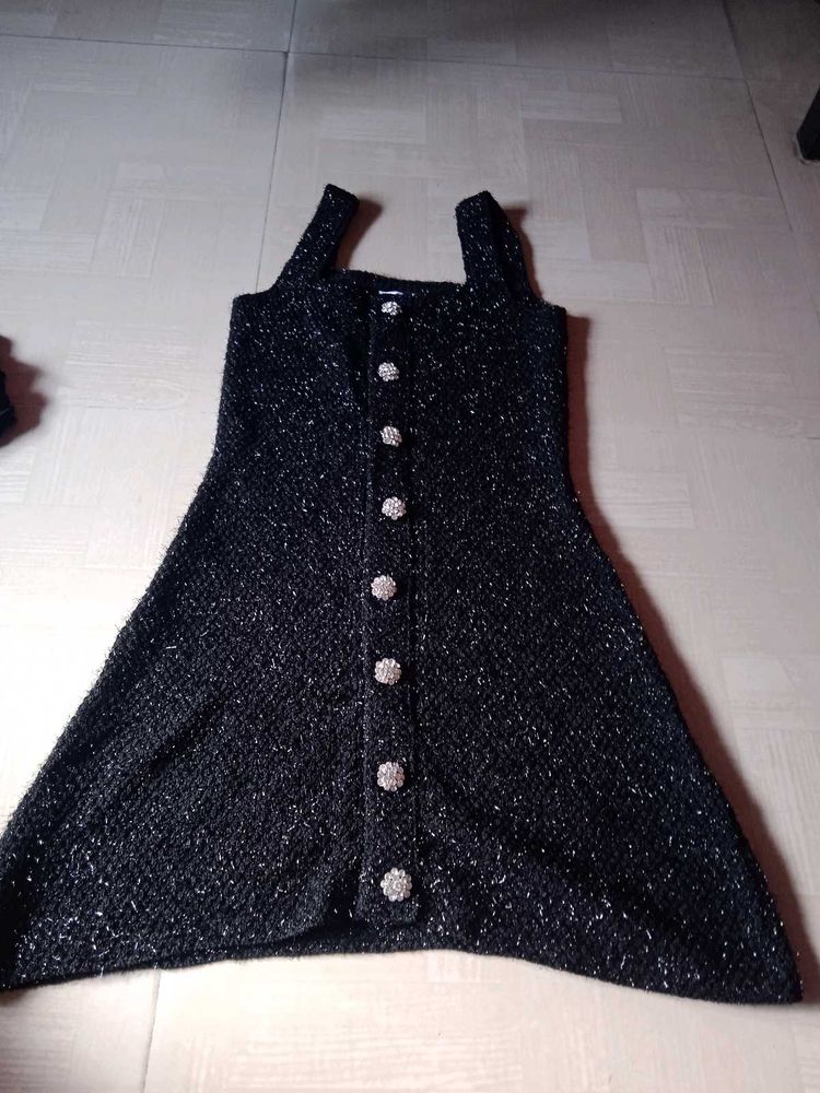 Black Buttoned A-Line Dress