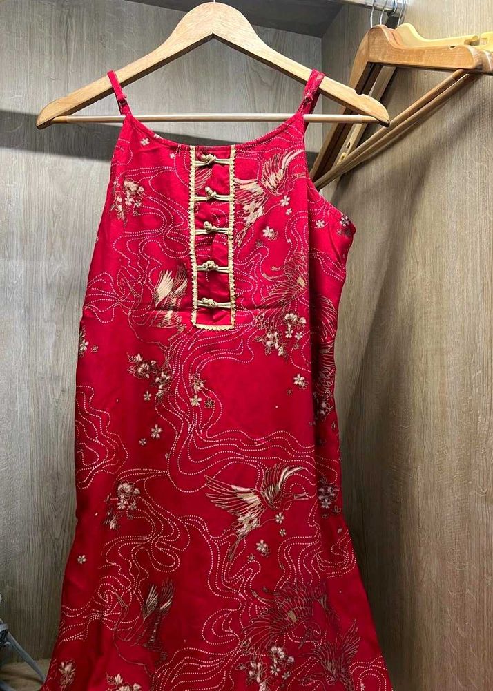 Red Crane Print Dress