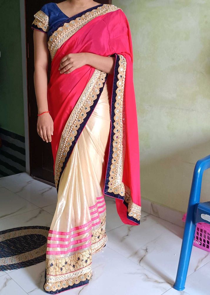 Elegant Pink &amp; Gold Embroidered Saree