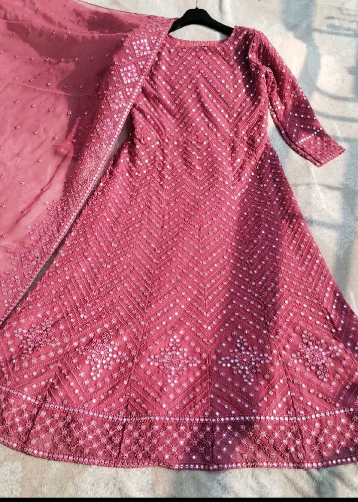 Mirror Work Embroidery A Line Gown With Dupatta
