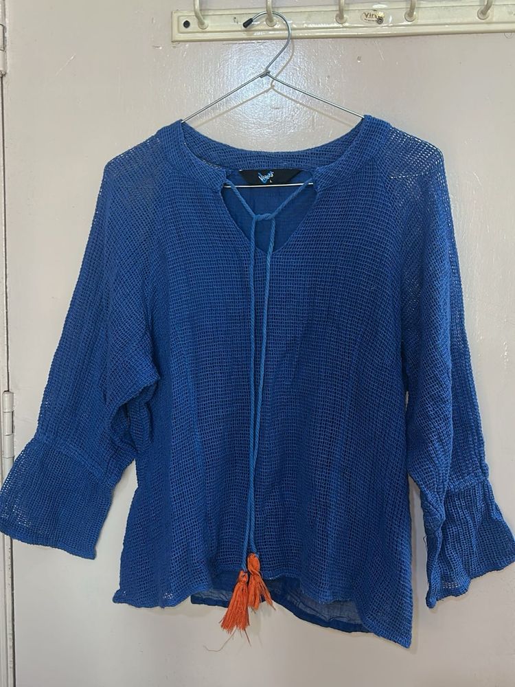 Boho Blue Knit Tassel Tie Top