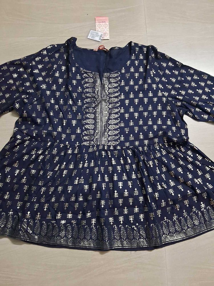 Navy &amp; Silver Print Peplum Top