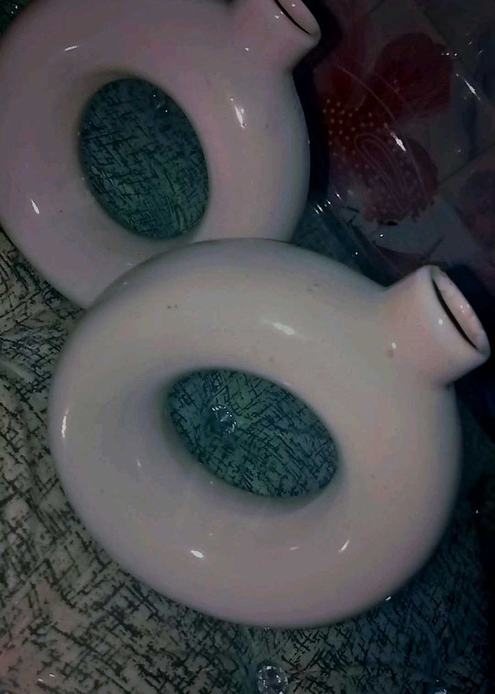 Pair Of 2 Ceramic Bottle Donut Shaped Vase