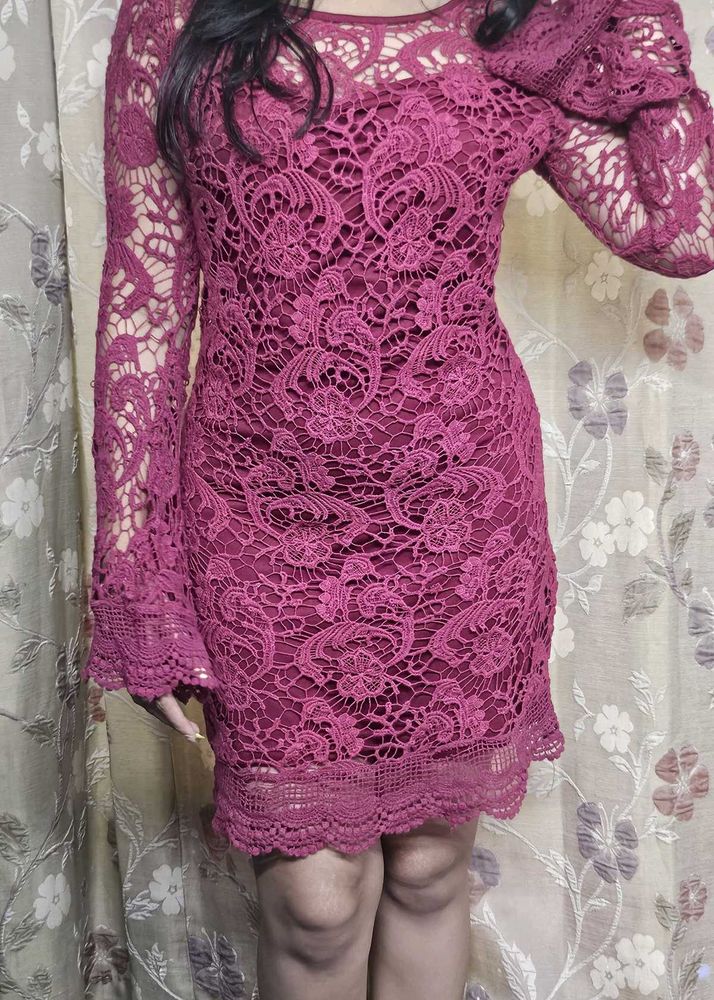 Burgundy Lace Mini Dress with Long Sleeves