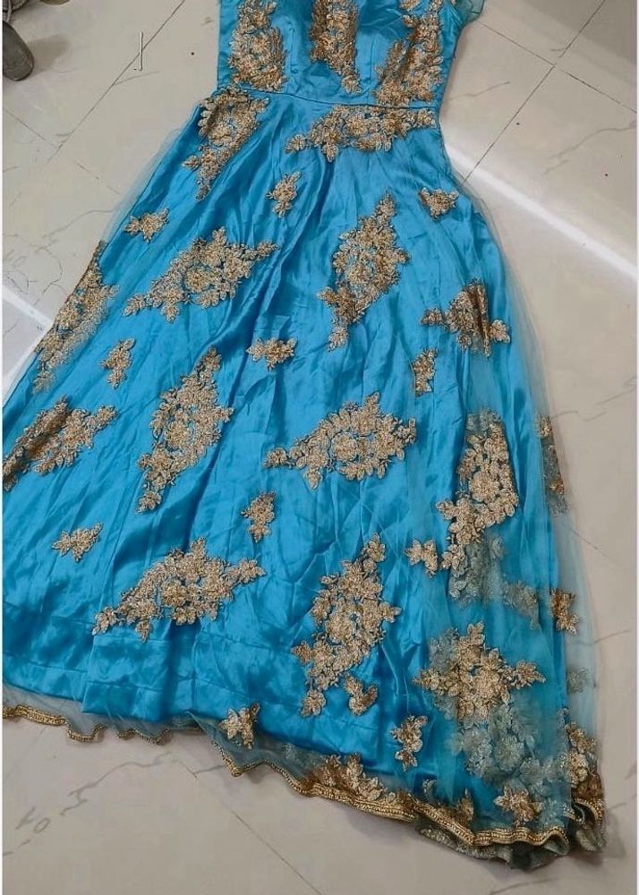 Teal &amp; Gold Embellished Gown