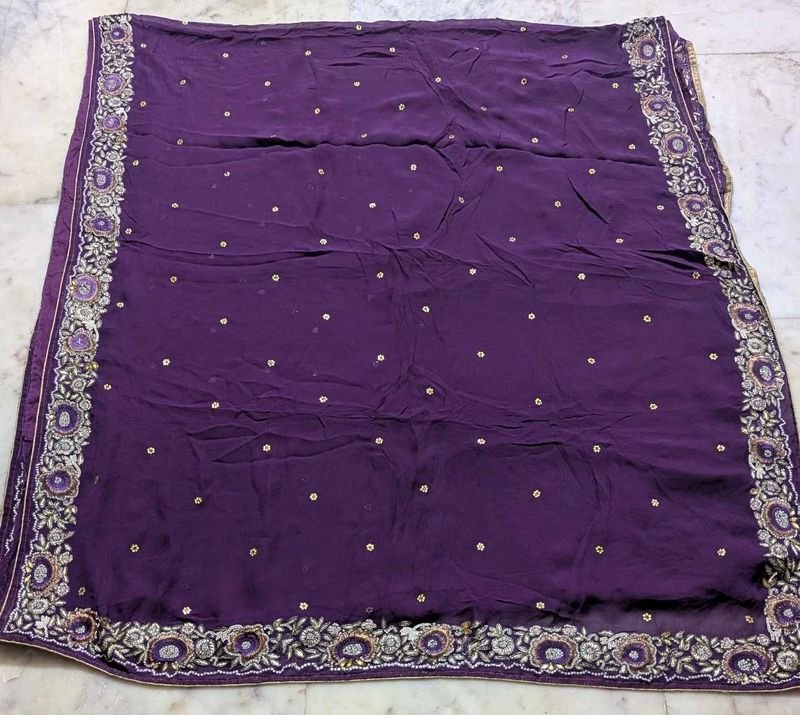 Purple Embroidered dimond work saree