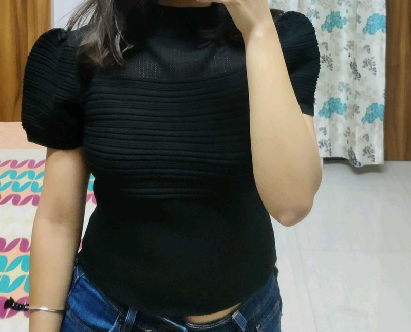 Ribbed Viscose Rayon Black Crop Top