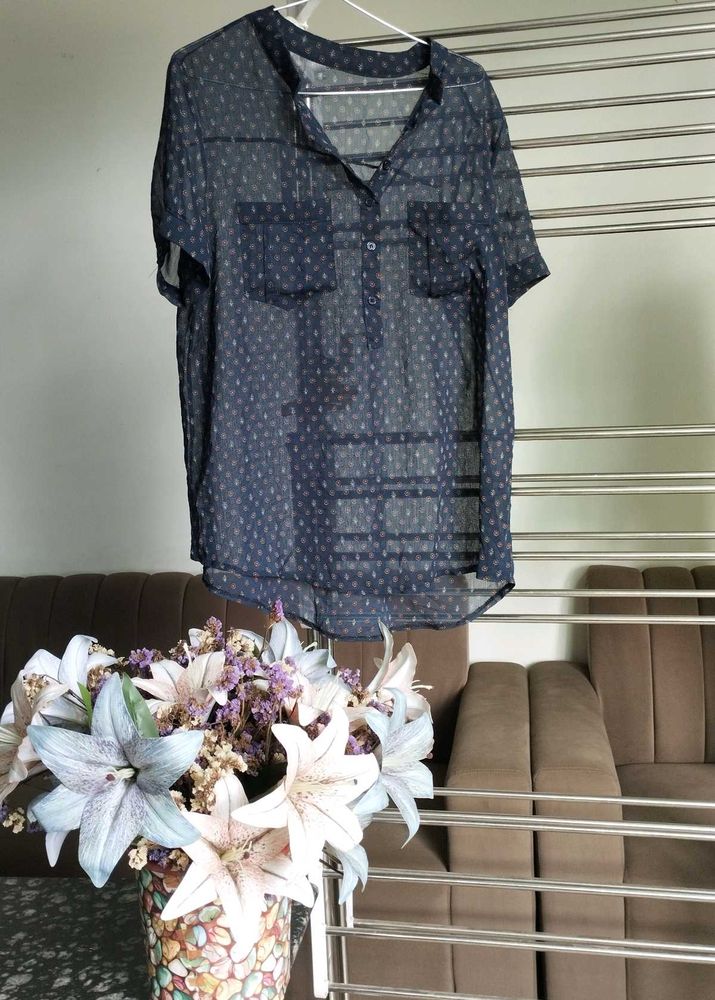 Navy Sheer Button-Up Top