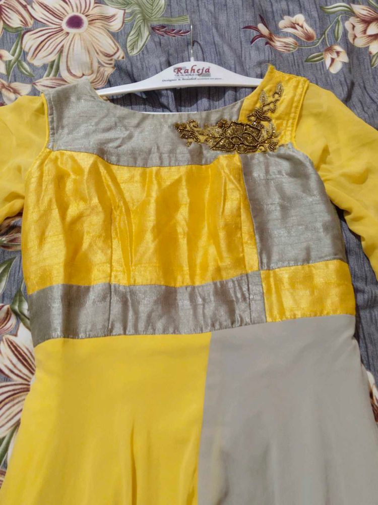 Elegant Yellow &amp; Grey Ethnic Dress