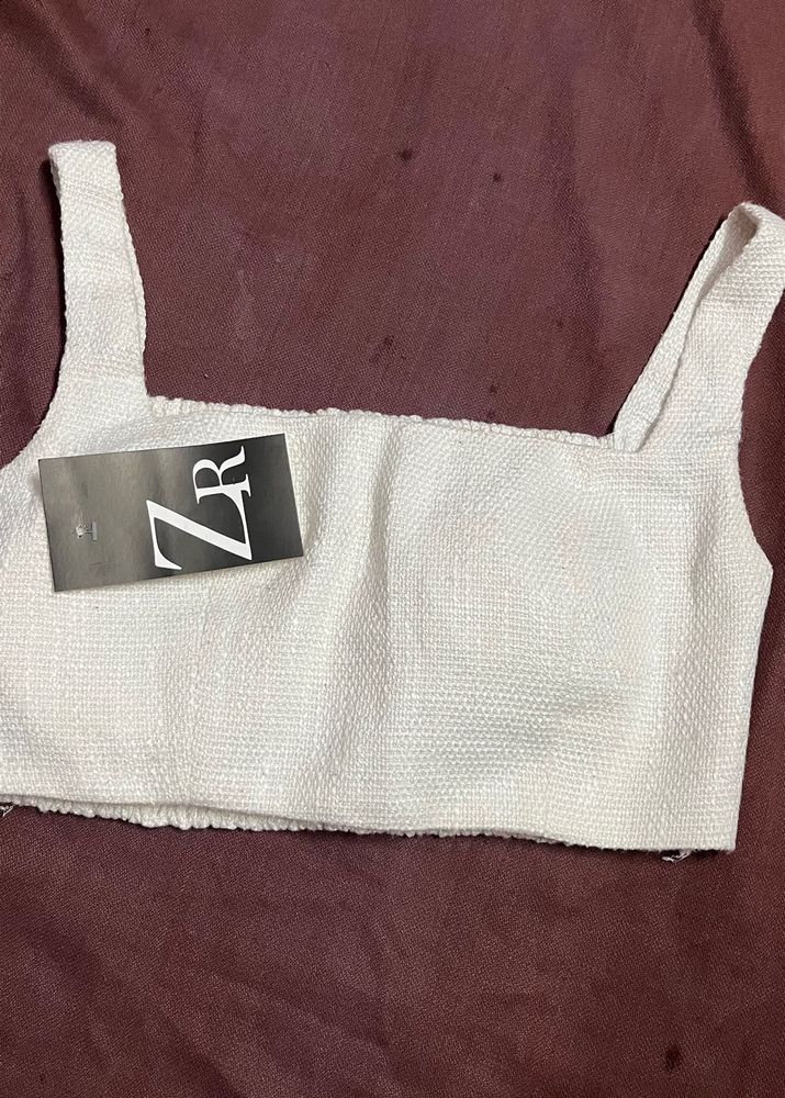 Zara White Textured Crop Top