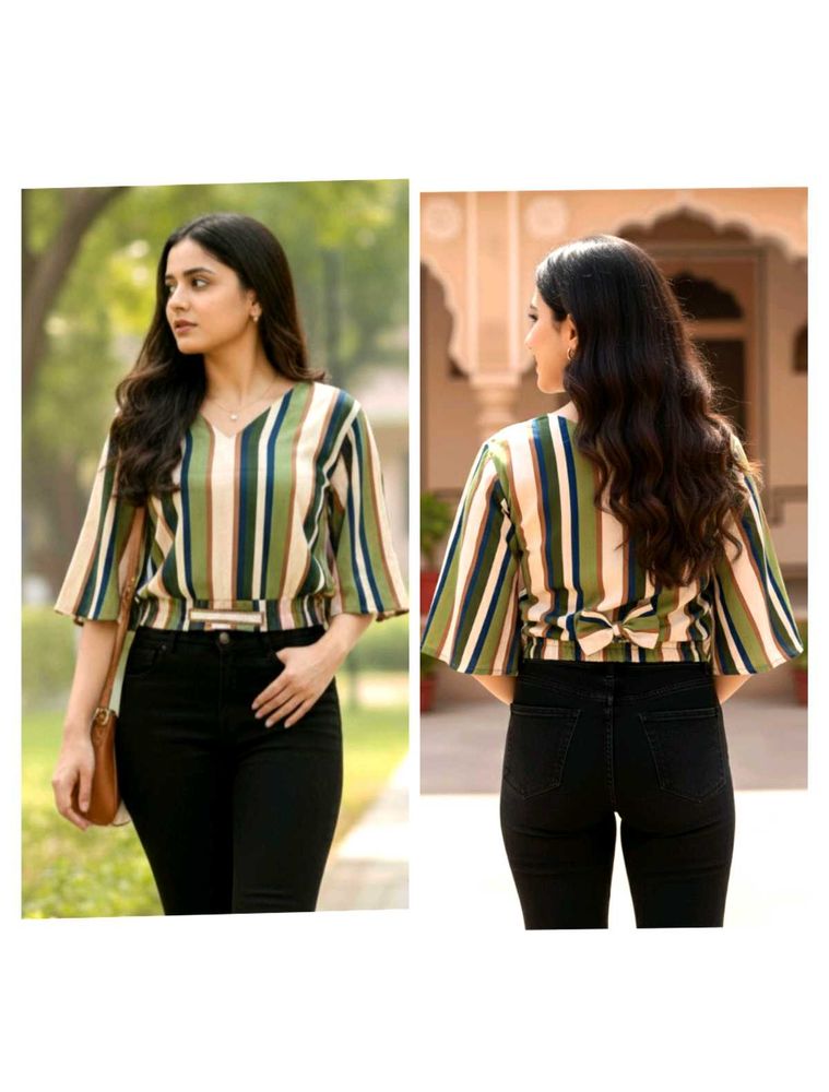 Striped Crop Top with Flare Sleeves