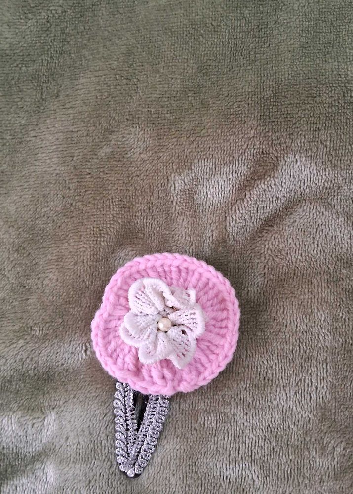 Handmade Crochet Frock with Pink Flower Hair Clip