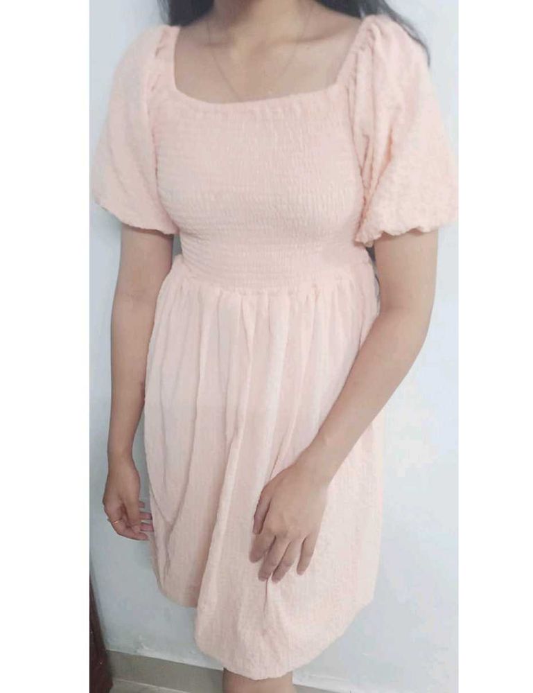 Peach Puff Sleeve Mini Dress