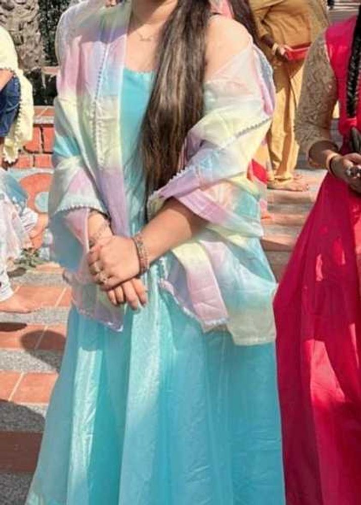 Aqua Dress with Rainbow Dupatta