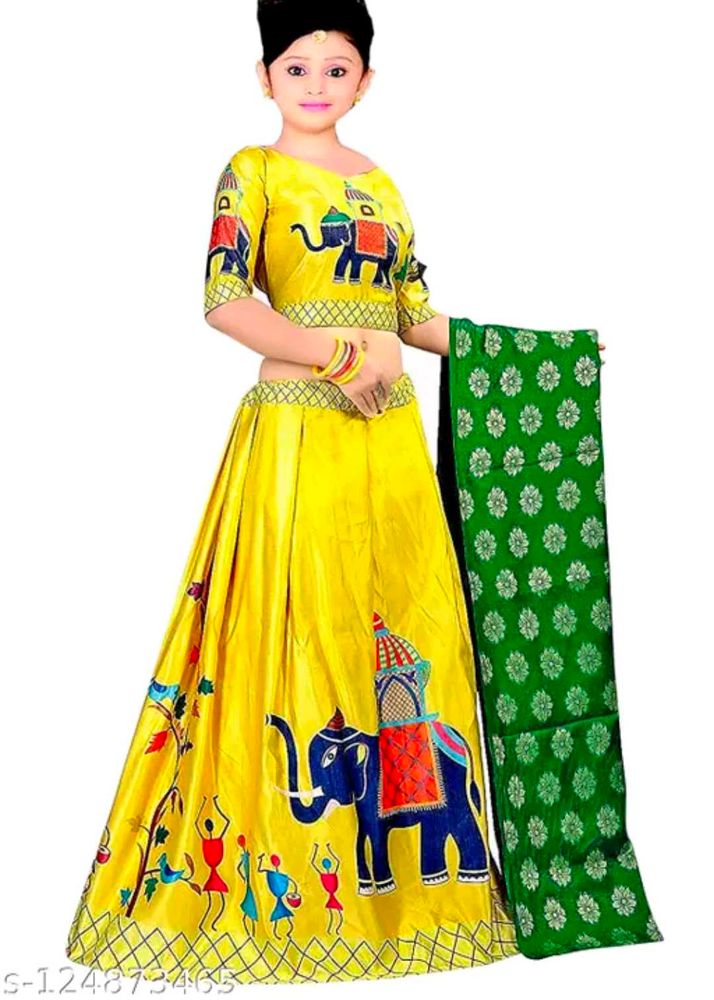 Yellow Elephant Print Lehenga Choli For 11-12 Yrs