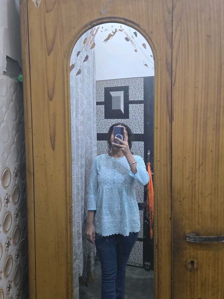 Lace Detail Light Blue Top