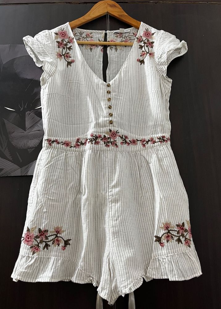 Floral Embroidered Striped Romper