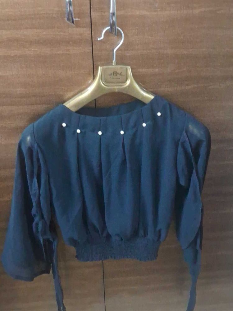 Pearl Embellished Black Crop Top