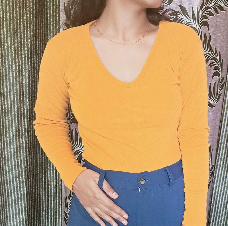 Mustard Yellow Ribbed Top- Full Sleeves