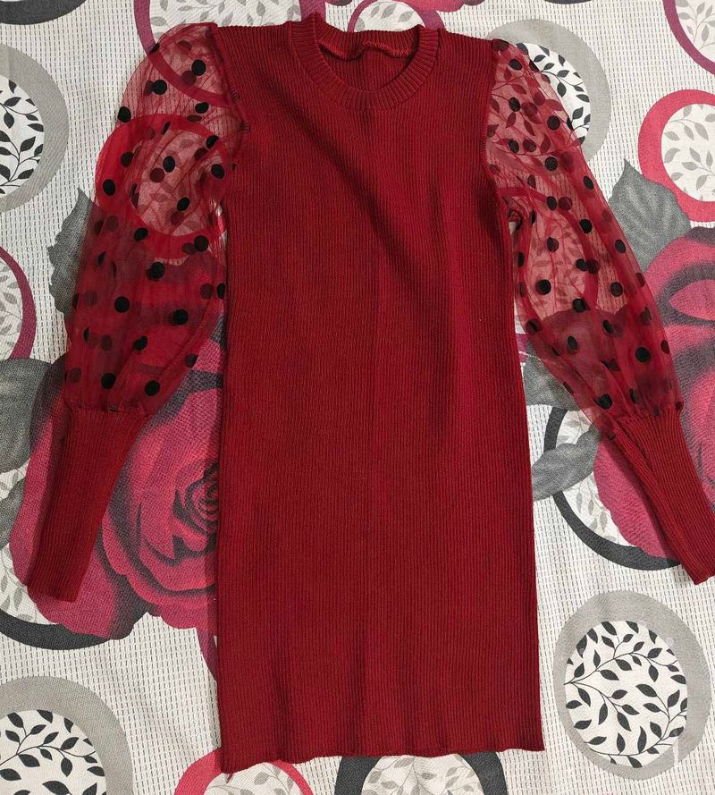 maroon Polka Dot Sleeve Dress for winter