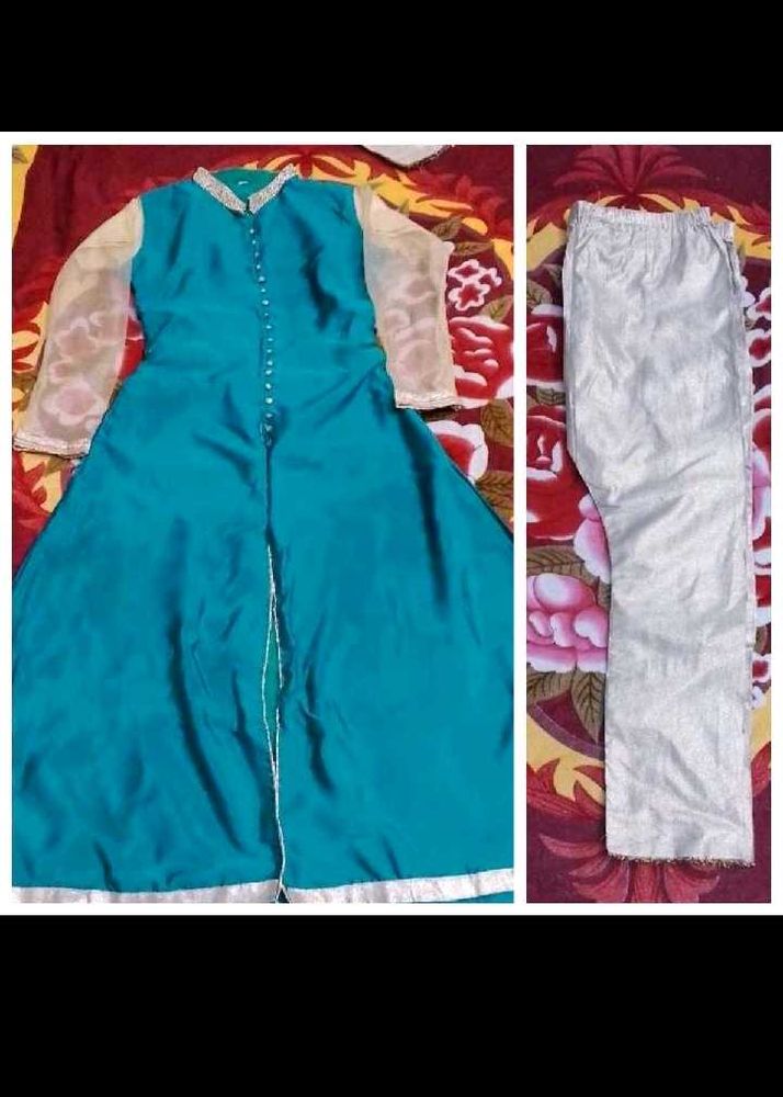 Peacock Kurti &amp; Golden Plazzo Suit