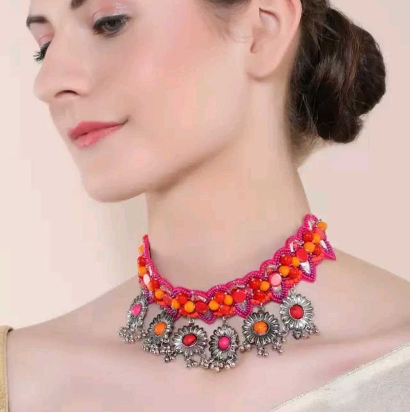 Pink Orange Yellow Silver Choker
