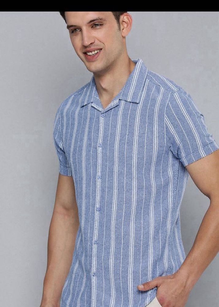 HERE&amp;NOW Men Slim FitOpaqueStripedCubanCollar C