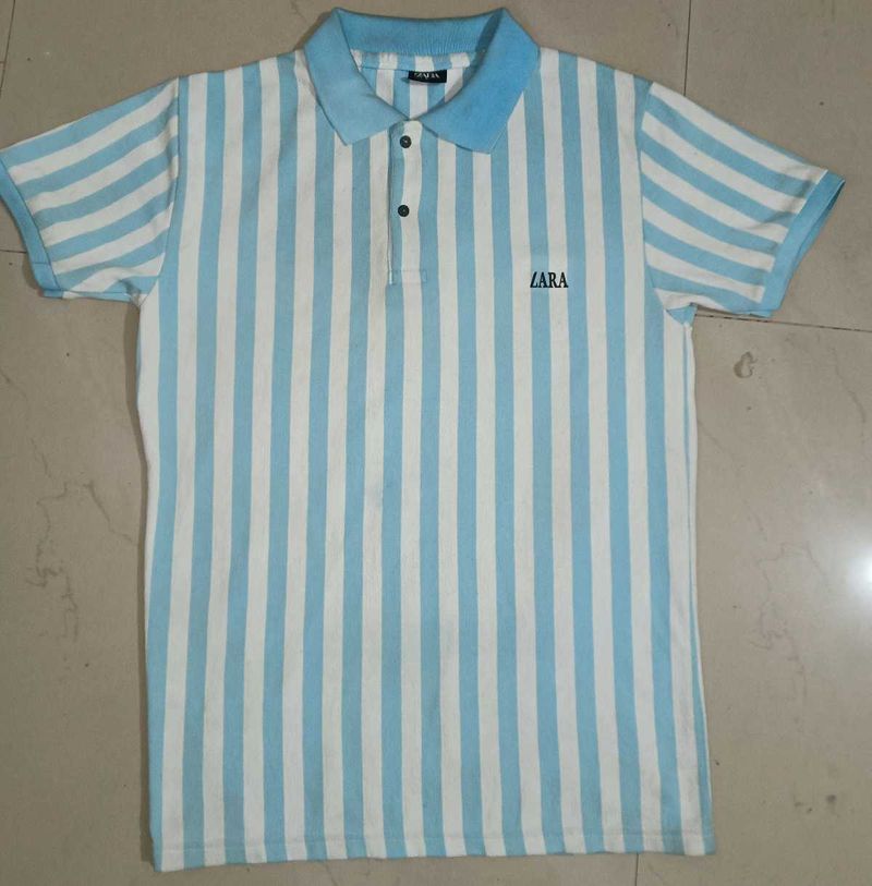 Zara Striped sky-blue Polo T-Shirt