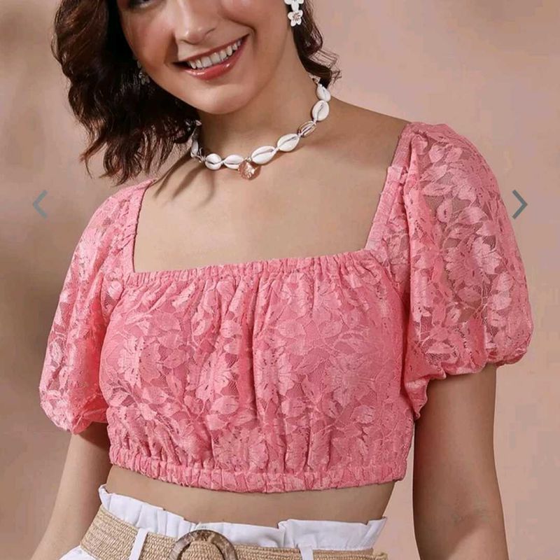 Elegant Pink Lace Puff Sleeve Crop Top🌸