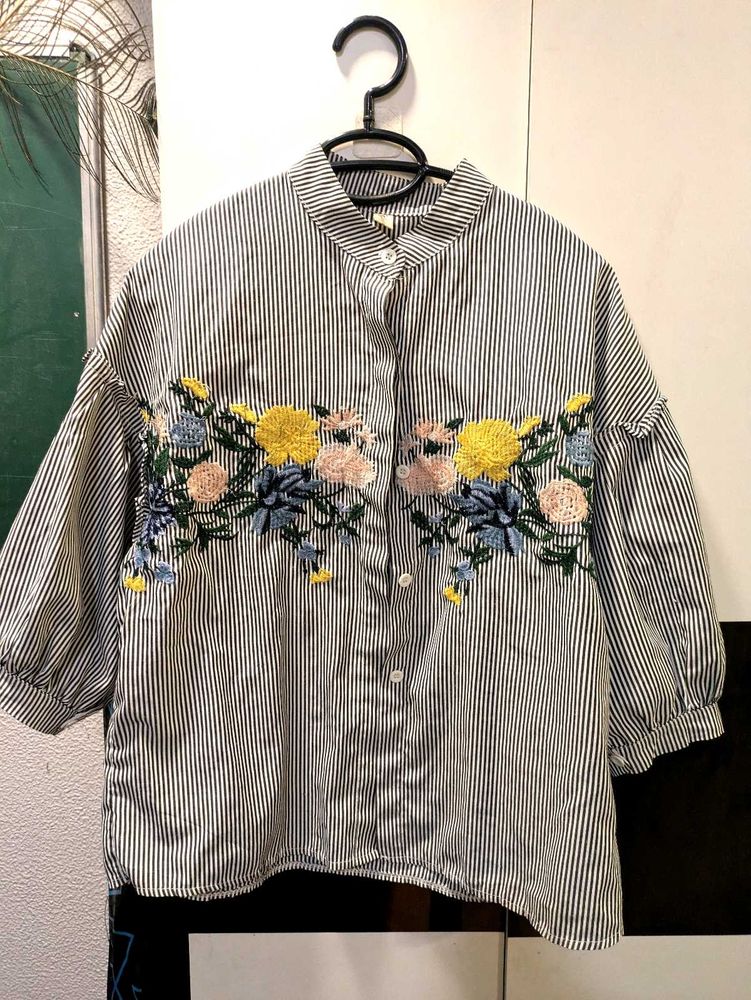 Striped Floral Embroidered Blouse