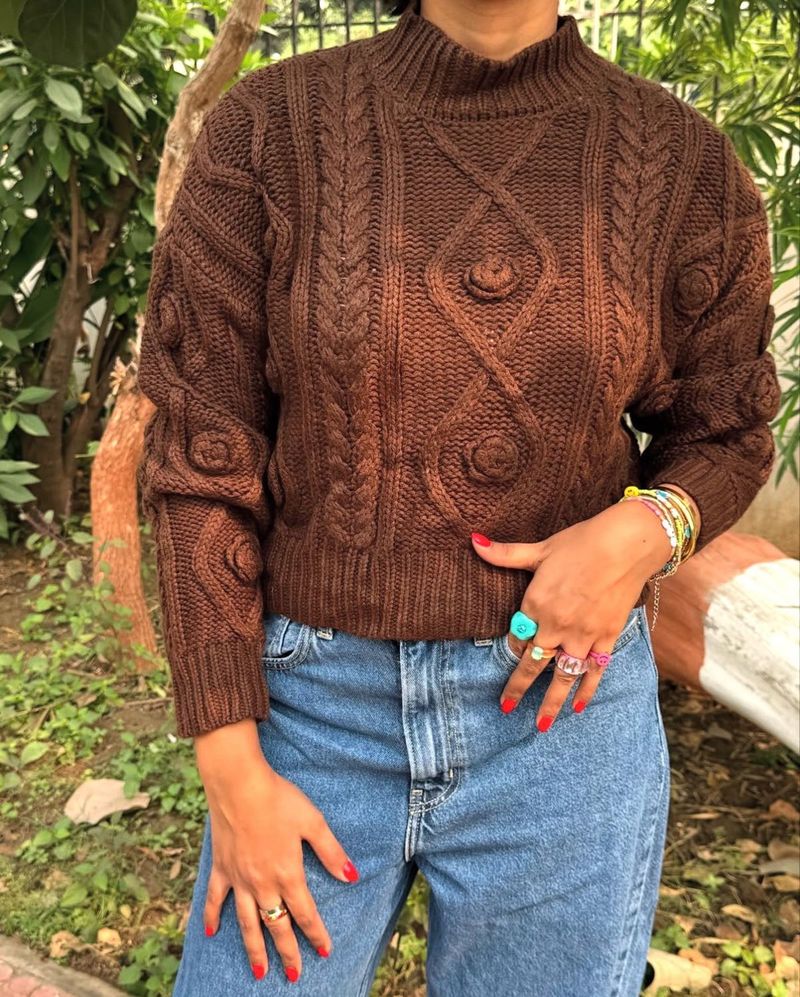 Brown Knit Turtleneck Sweater
