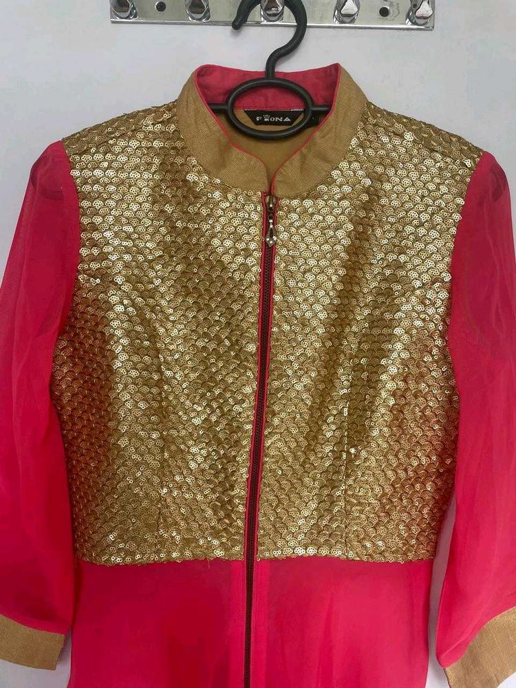 Sequinned Pink &amp; Gold Anarkali Kurta