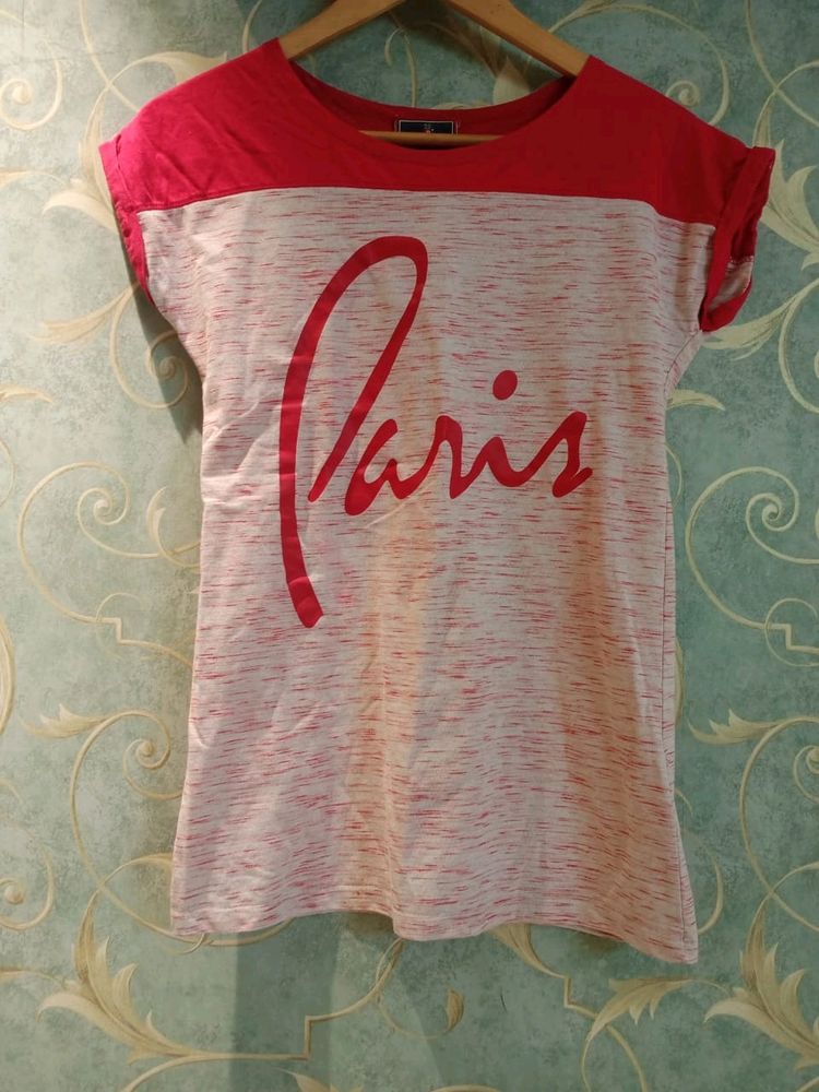 &#34;Paris&#34; Printed Pink &amp; Off White T-shirt, Size - S
