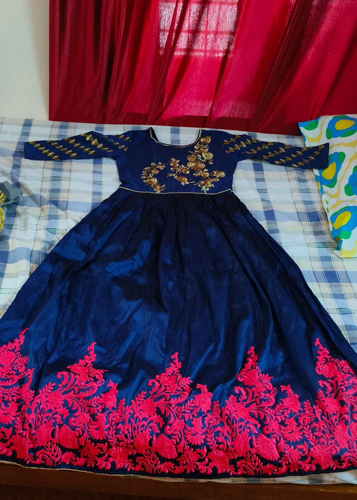 Thread Worked Grand Blue Gown,Full Length