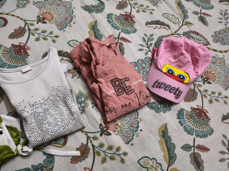 Combo Of 3 Tops &amp; Pink Cap For 5-6 Years Girl