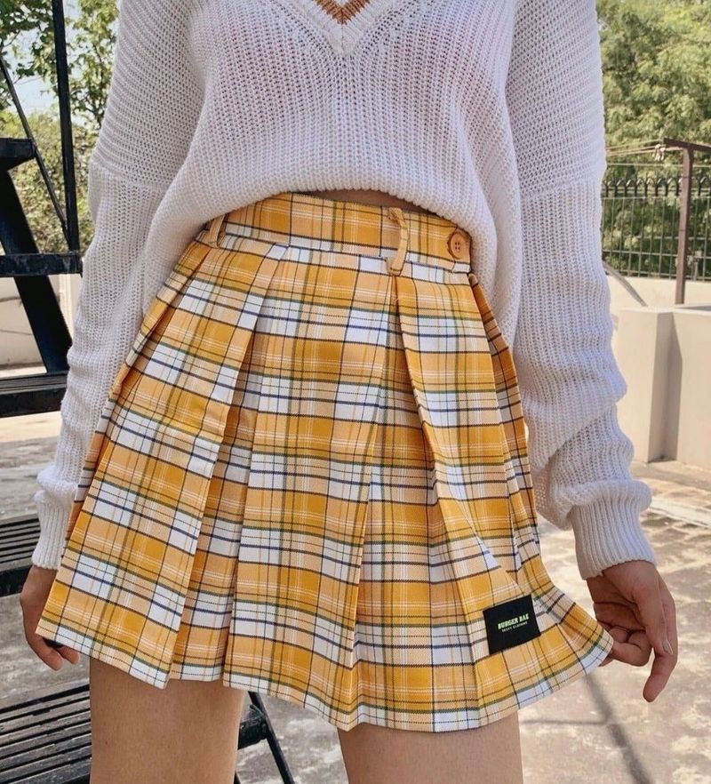 Yellow Plaid Pleated Skirt