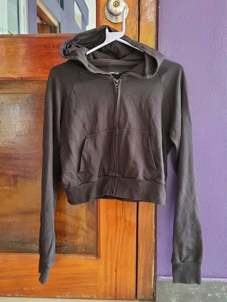 Dark Grey Cropped Zip-Up Hoodie