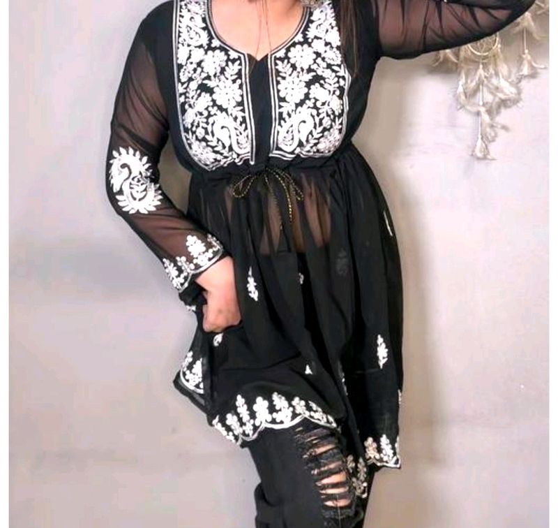 Chickankari Black Kurti , M Size
