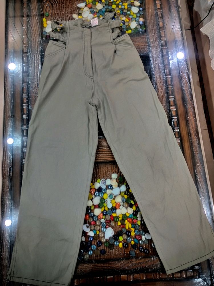 Olive Cotton High Waist Cutout Pants With Side Slit