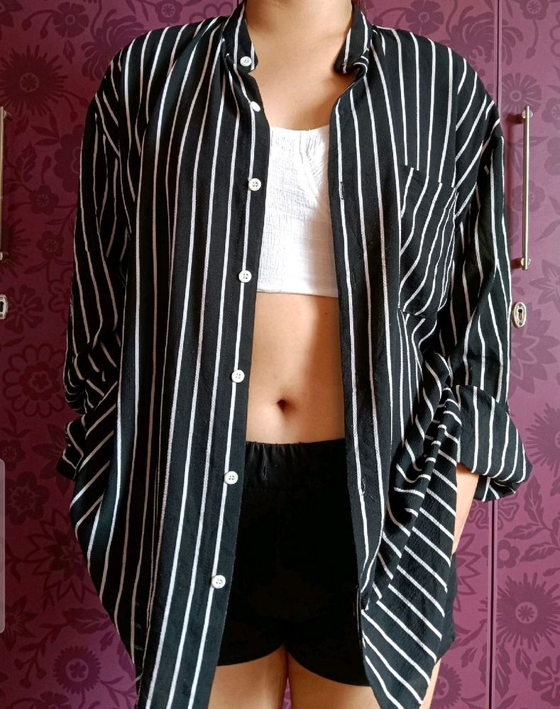 Black And White Striped Oversized Shirt For Woman