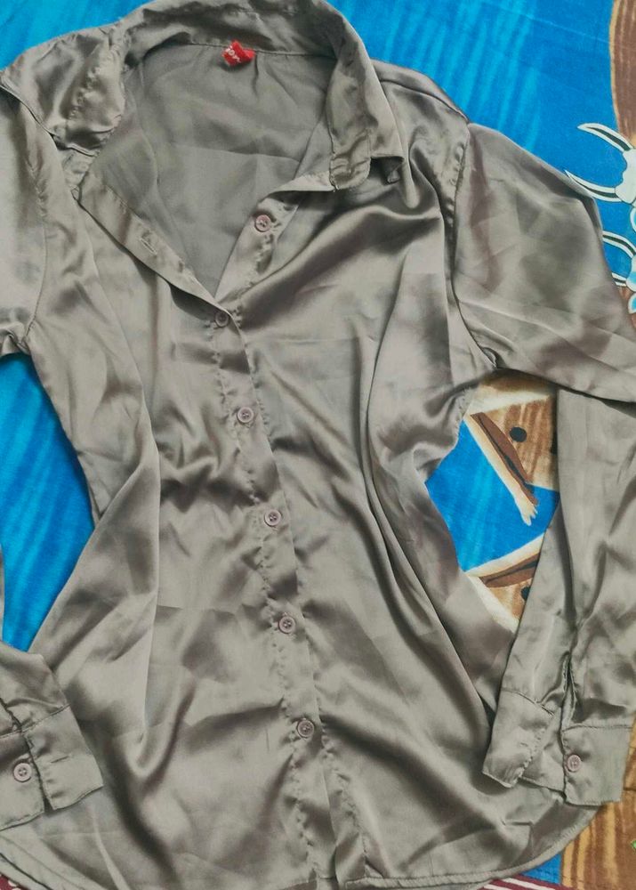 Light Brown  Classy Satin Button-Up Shirt