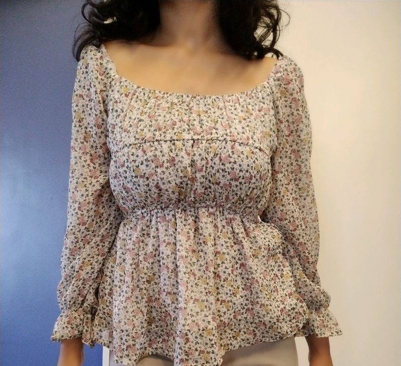 Beige Minimalist Floral Top