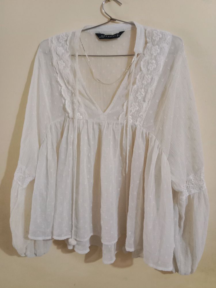 ZARA Sheer White Flowy Top Size M/L2