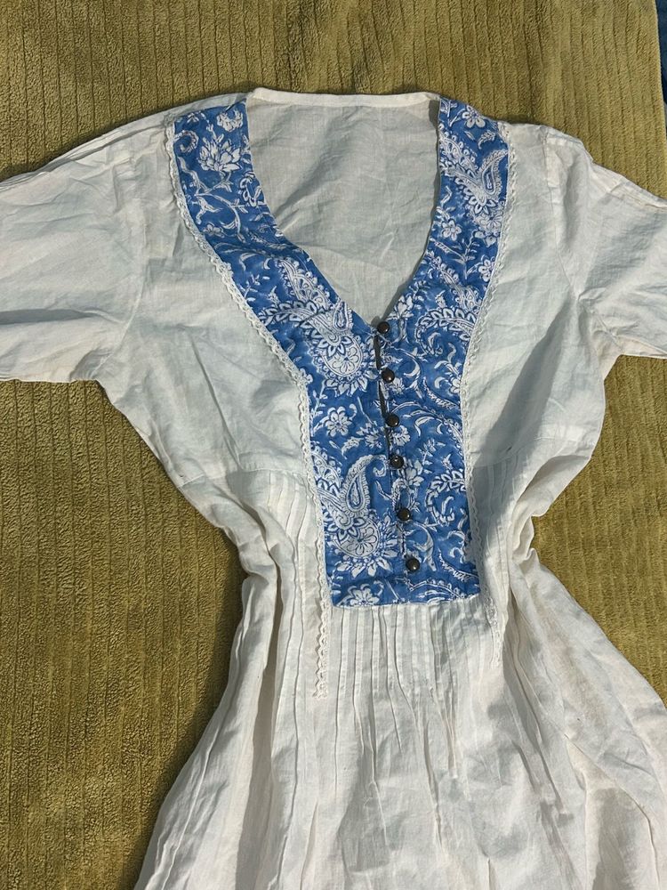 White Kurti with Blue Detail