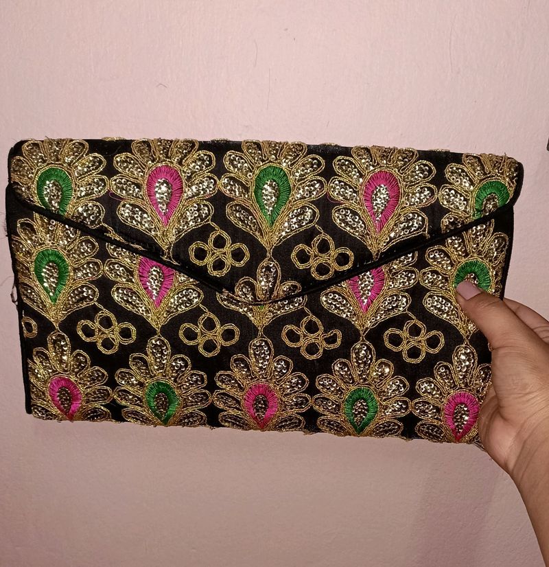Bag, Handclutch, Clutch, With Gold Embroidery ❤ Can Fit In Lots Of Stuff, Very Handy