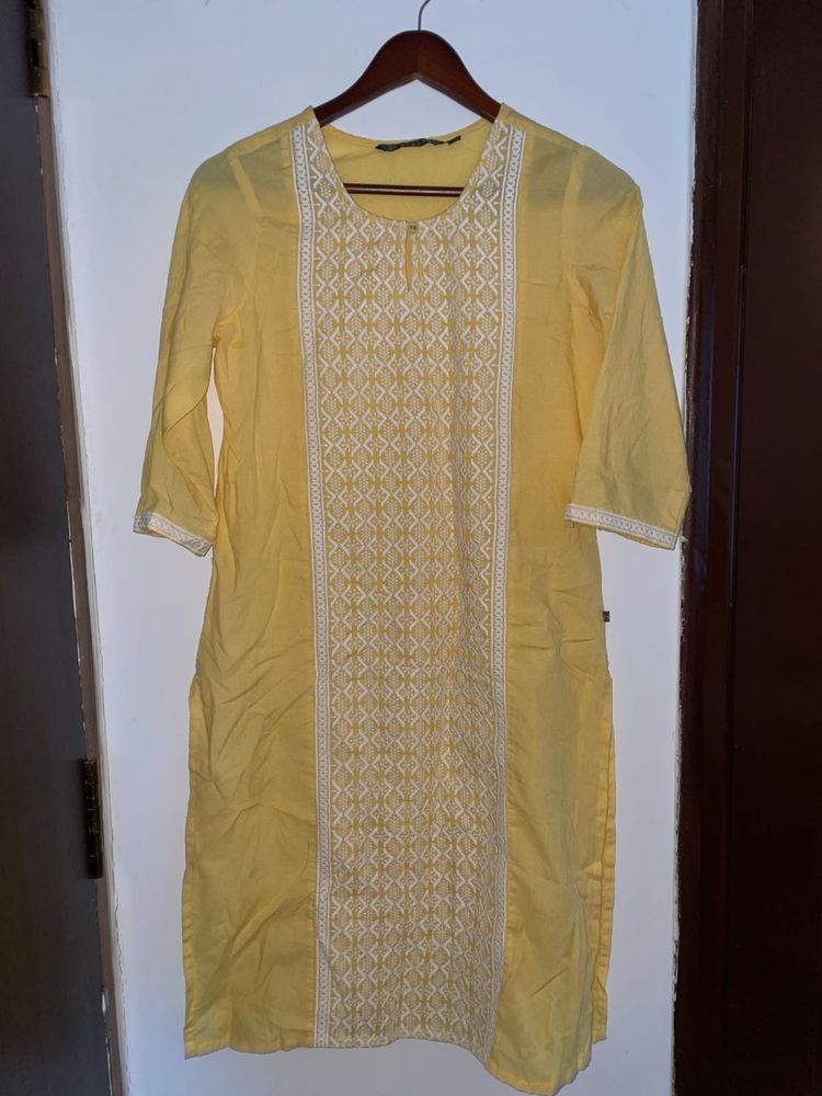 Yellow Embroidered Kurti