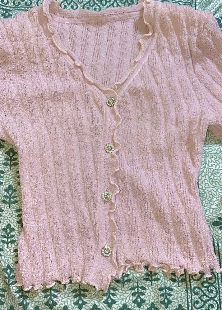 Pink Ruffle Knit Cardigan