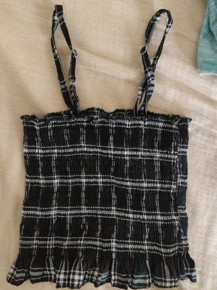 Chic Black Plaid Smocked Ruffle Crop Top
