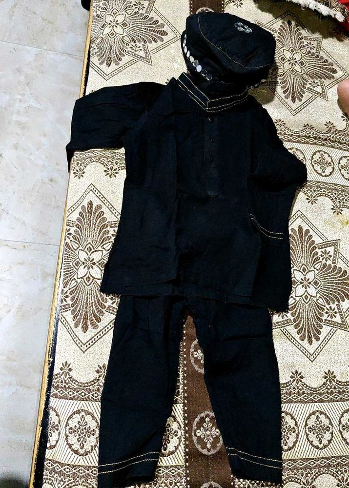 Traditional Black Kurta Pajama With Topi