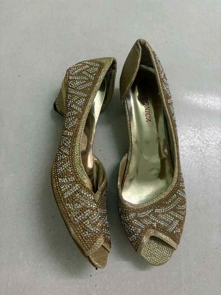 Gold Embellished Peep-Toe Heels